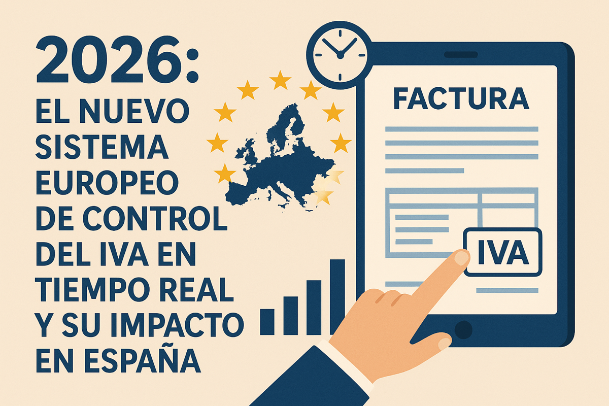 Ilustración sobre el sistema europeo de IVA en tiempo real y su impacto en España en 2026