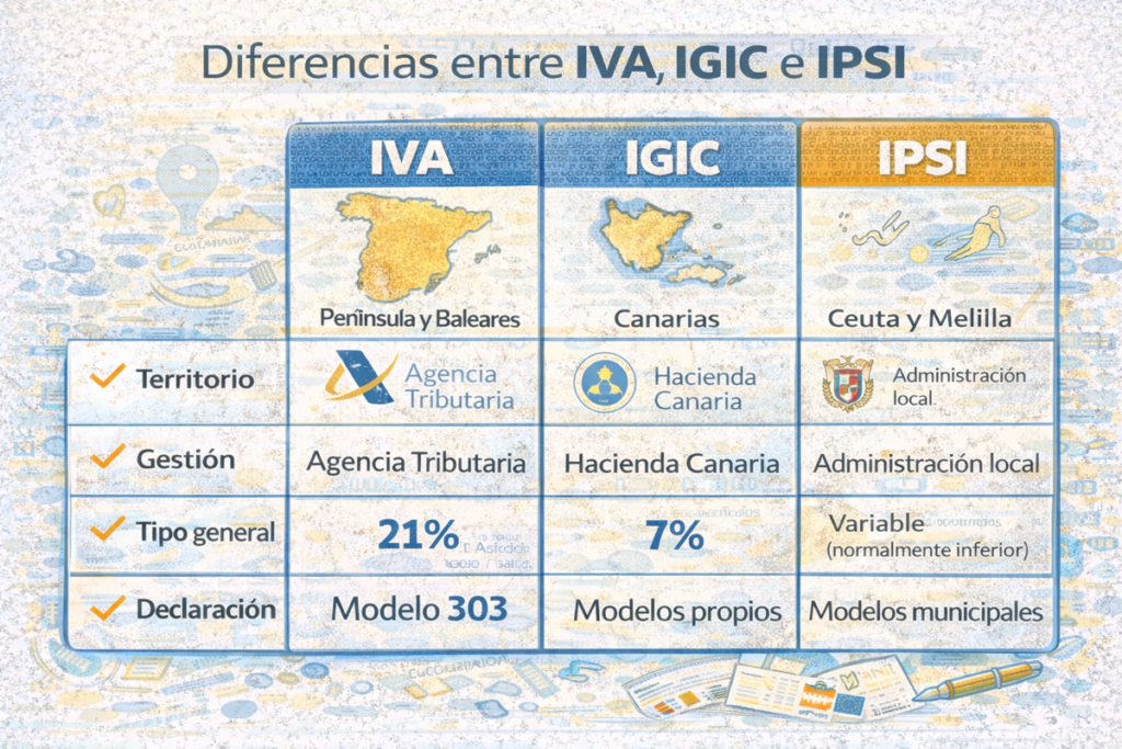 Aprende las diferencias entre IVA, IGIC e IPSI y cómo facturar correctamente en cada territorio.