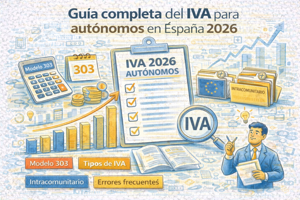 Guía completa del IVA para autónomos en 2026: tipos, modelo 303, casos prácticos, IVA intracomunitario y errores frecuentes.