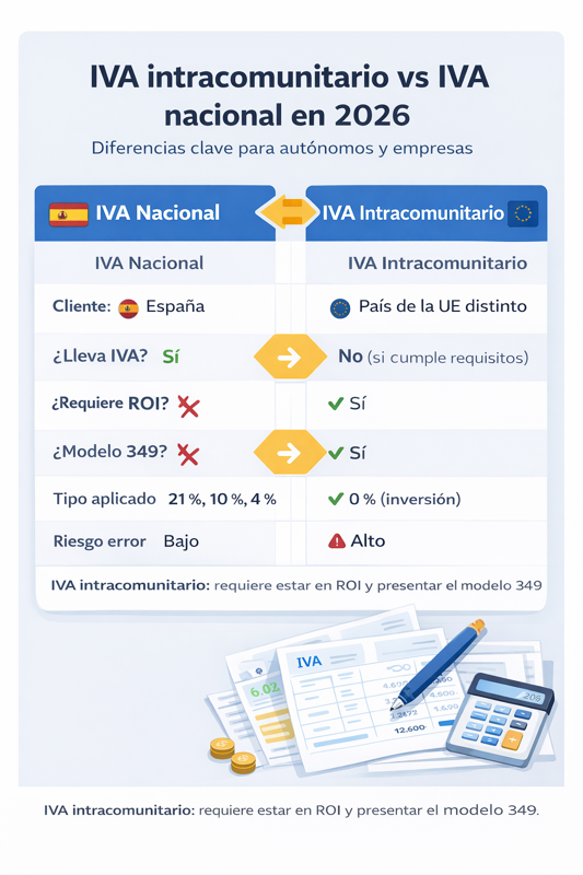Descubre las diferencias entre IVA nacional e intracomunitario en 2026, cómo facturar correctamente y evitar errores con el modelo 349.